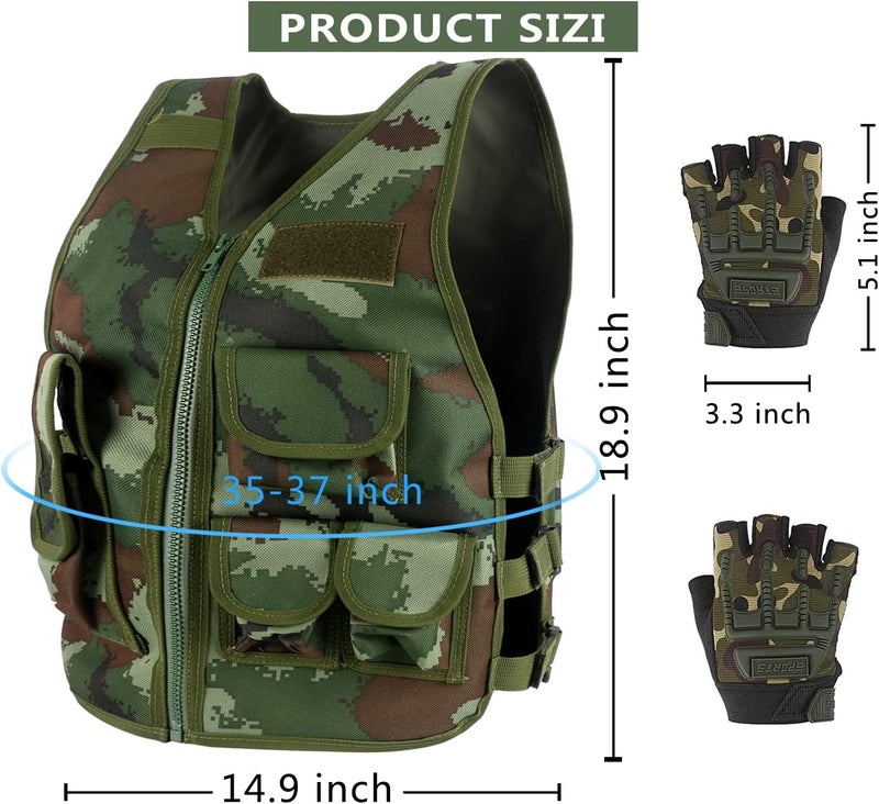 Green Bean Kids Outdoor Tactical Vest, Children's Combat Vest Adjustable Breathable Vest with Kids Half Finger Short Gloves - Image 2